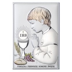 Obrazek Srebrny Pamiątka I Komunii dla chłopca prostokąt z podpisem kolor DS04CO