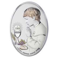 Obrazek Srebrny Pamiątka I Komunii dla chłopca owal z podpisem kolor DS05CO
