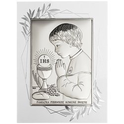 Obrazek Srebrny Pamiątka I Komunii dla chłopca prostokąt z podpisem Dono DS04FOO