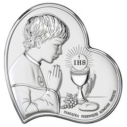 Obrazek Srebrny Pamiątka I Komunii dla chłopca Serce z podpisem DS03O