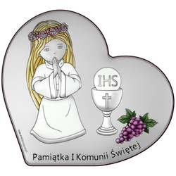 Obrazek Srebrny Pamiątka I Komunii dla dziewczynki serce z podpisem kolor DS138CA