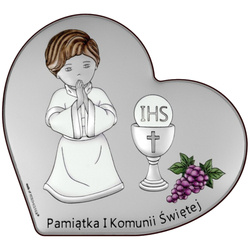 Obrazek Srebrny Pamiątka I Komunii dla chłopca serce z podpisem kolor DS138CO