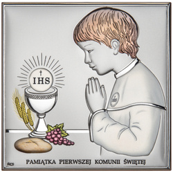 Obrazek Srebrny Pamiątka I Komunii dla chłopca prostokąt z podpisem kolor DS48CO