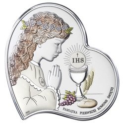 Obrazek Srebrny Pamiątka I Komunii dla dziewczynki Serce z podpisem kolor DS03CA