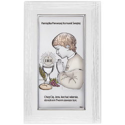 Obrazek Srebrny Pamiątka I Komunii dla chłopca prostokąt z podpisem kolor DS30FCO