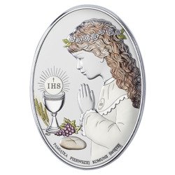 Obrazek Srebrny Pamiątka I Komunii dla dziewczynki owal z podpisem kolor DS05CA