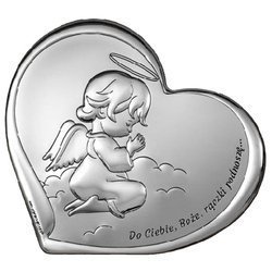 Obrazek na chrzciny srebrny Aniołek w modlitwie z podpisem 6732S