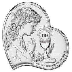 Obrazek Srebrny Pamiątka I Komunii dla dziewczynki Serce z podpisem DS03A