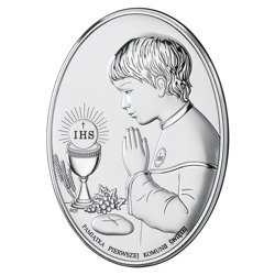 Obrazek Srebrny Pamiątka I Komunii dla chłopca owal z podpisem DS05O