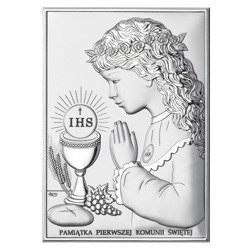 Obrazek Srebrny Pamiątka I Komunii dla dziewczynki prostokąt z podpisem DS04A
