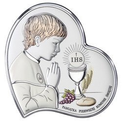 Obrazek Srebrny Pamiątka I Komunii dla chłopca Serce z podpisem kolor DS03CO