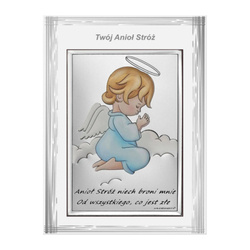 Obrazek na chrzciny srebrny Aniołek w modlitwie niebieski z podpisem ramka 6667SFC
