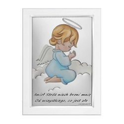 Obrazek na chrzciny srebrny Aniołek w modlitwie niebieski z podpisem ramka 6667SWC