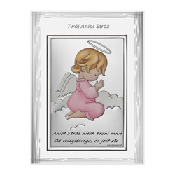 Obrazek na chrzciny srebrny Aniołek w modlitwie różowy z podpisem ramka 6667SFR