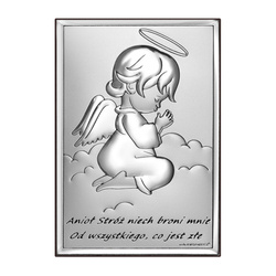 Obrazek na chrzciny srebrny Aniołek w modlitwie z podpisem 6667S
