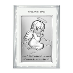 Obrazek na chrzciny srebrny Aniołek w modlitwie z podpisem ramka 6667SF