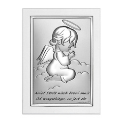Obrazek na chrzciny srebrny Aniołek w modlitwie z podpisem ramka 6667SW